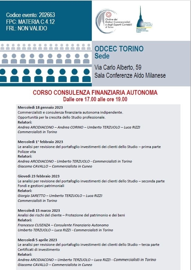 CORSO CONSULENZA FINANZIARIA AUTONOMA - LUCA  RIZZI  - rizziconsulenze